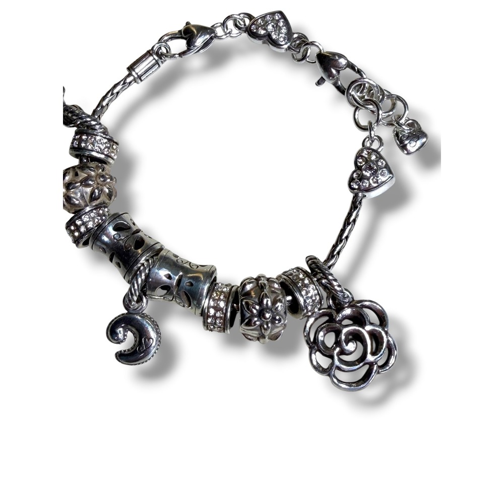 Brighton Silver Charm Bracelet‎ Floral Rose Moon Green Crystal Heart Boho Whimsy